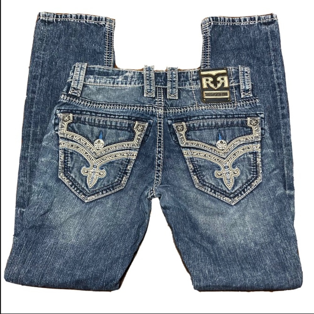 Rock Revival Casey Straight 29x33 Jeans Flap Pocket Distressed Blue Thick Stitch